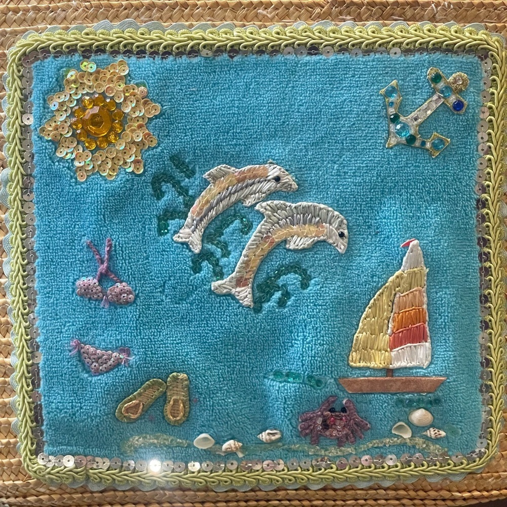 Straworld Straw Woven Beach Bag Ocean Dolphins Boat Tote​​ Coastal Grandmother - Picture 3 of 8